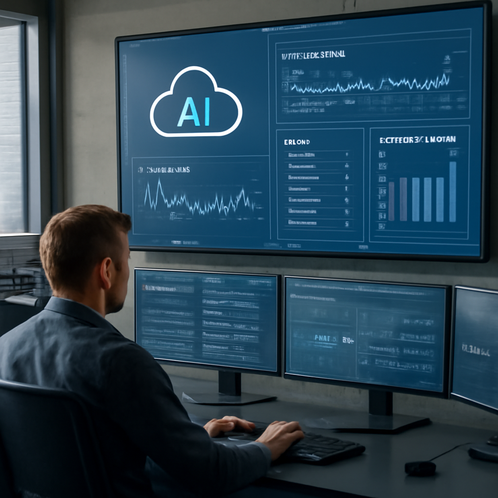 a secure operations centre with a cloud AI monitoring dashboard displaying model latency, GPU utilisation, alerts, and d
