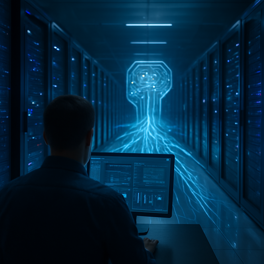Photorealistic server room representing AI cloud infrastructure with glowing data pathways and a focused engineer