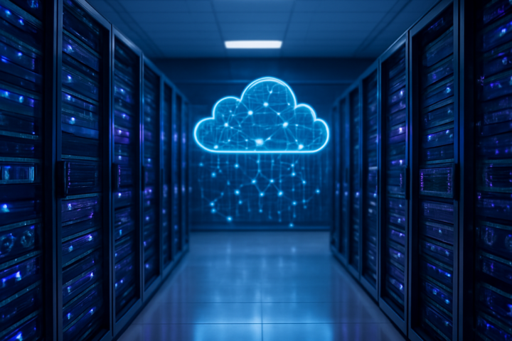 Modern AI cloud infrastructure with glowing data center servers and distributed network visualization