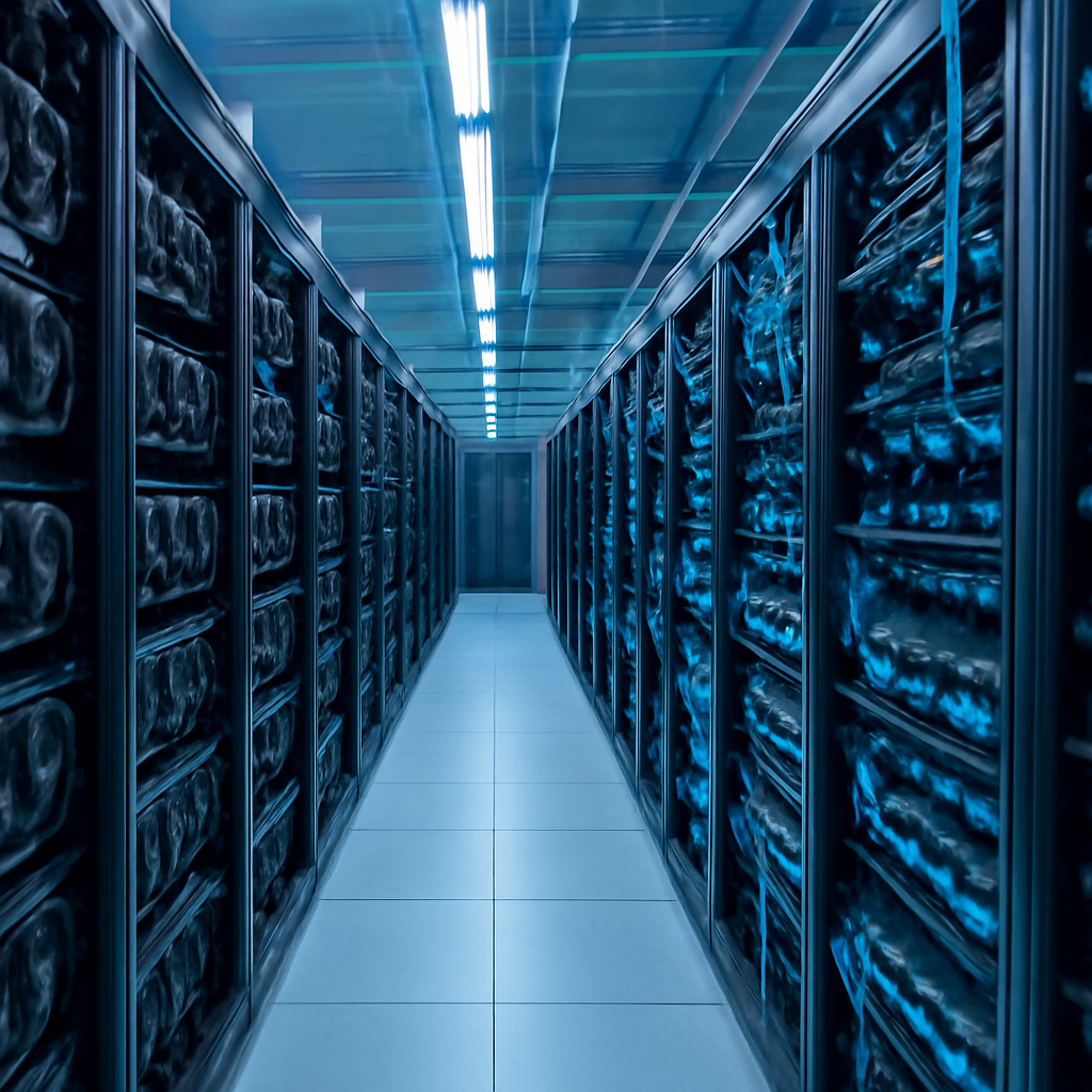 a photorealistic cloud data centre filled with high-density GPU racks, fibre-optic cables and cool blue lighting