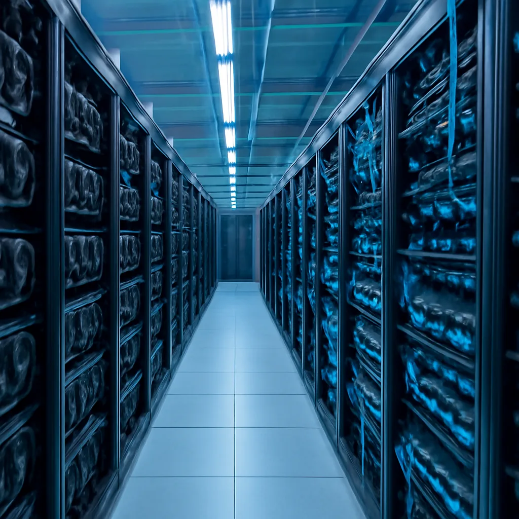 a photorealistic cloud data centre filled with high-density GPU racks, fibre-optic cables and cool blue lighting