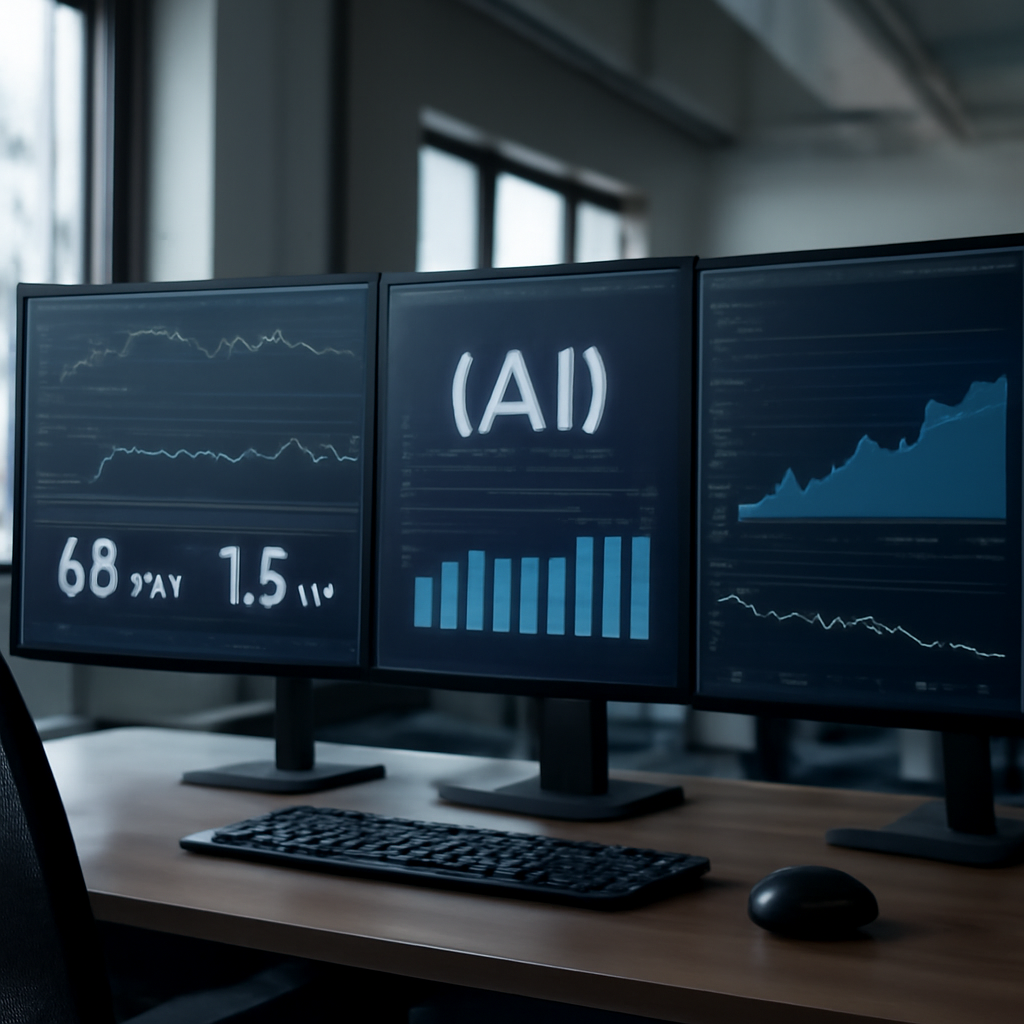 an AI operations dashboard displayed on monitors in a modern control room, showing model latency, energy use and cloud s