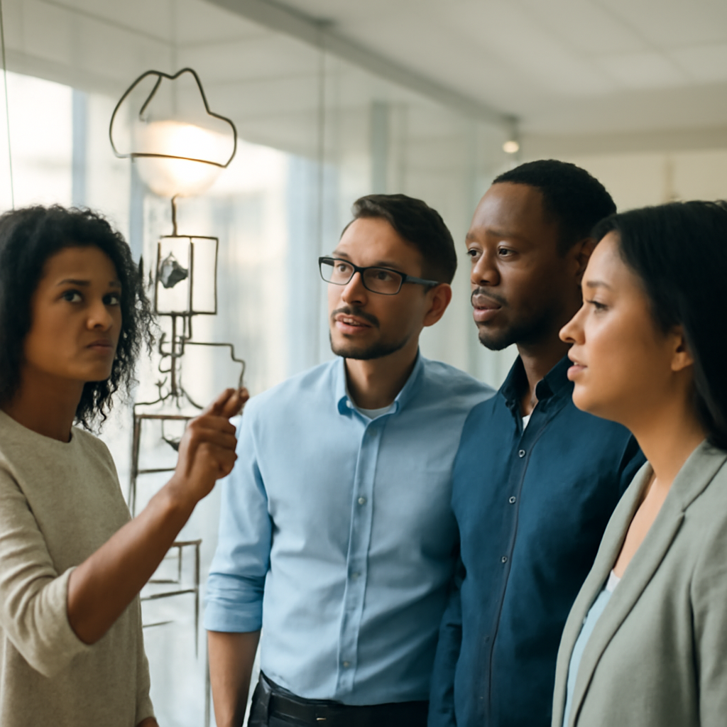 a diverse cloud engineering team reviewing an AI deployment diagram on a glass wall in a bright office