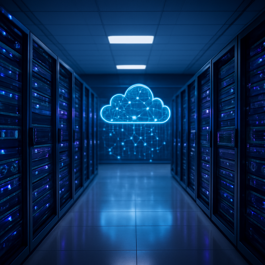 Modern AI cloud infrastructure with glowing data center servers and distributed network visualization