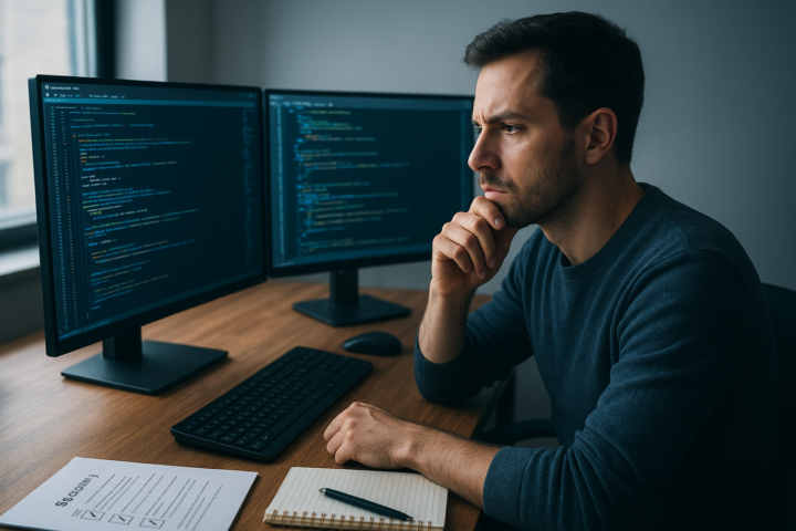Developer reviewing AI-assisted code on multiple monitors in a modern workspace