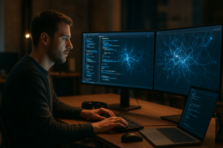 Developer reviewing AI-generated code on multiple monitors in a modern software lab