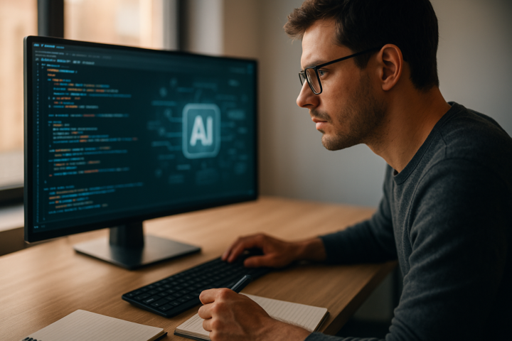 Developer using AI coding assistants at a modern workstation