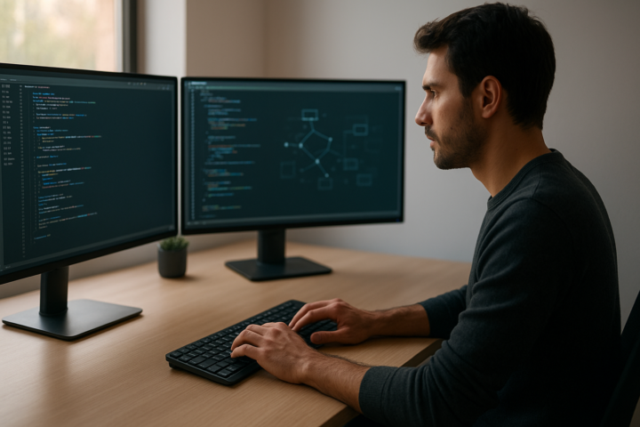 Developer using AI coding assistants across multiple code editors on a modern desktop setup