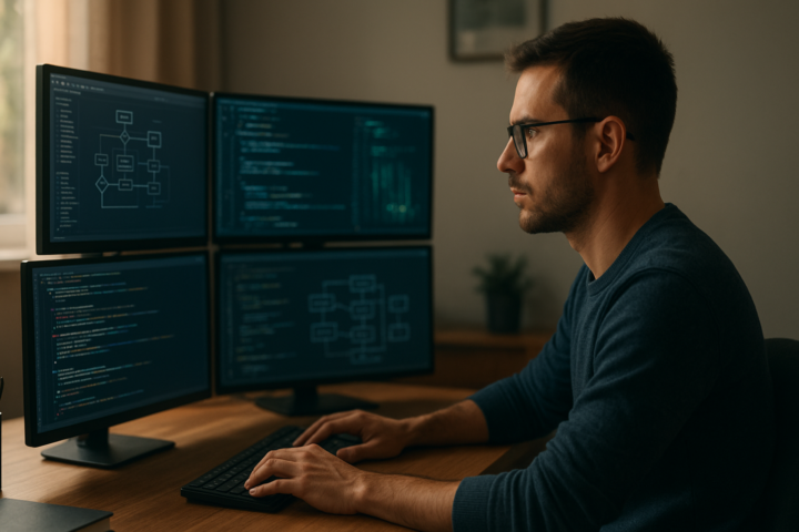 Developer using AI coding assistants across multiple monitors in a modern software workspace