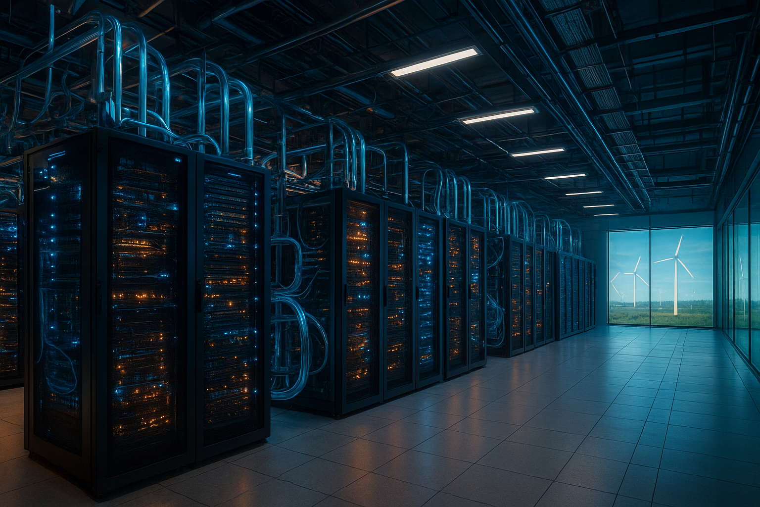 Modern AI infrastructure facility with advanced servers, liquid cooling, fiber networking, and renewable energy systems