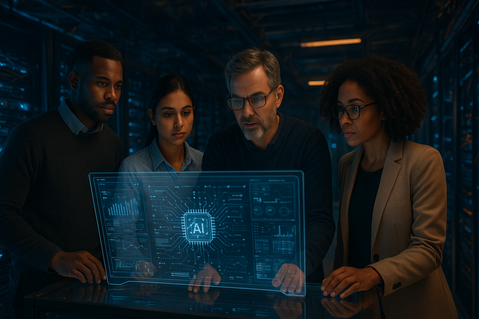 AI infrastructure operations team monitoring servers and data systems in a modern technology facility