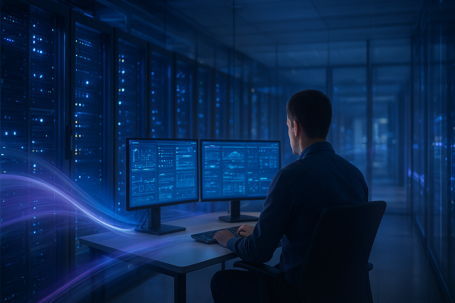 Modern AI infrastructure operations center with server racks, glowing data pathways, and an engineer monitoring systems