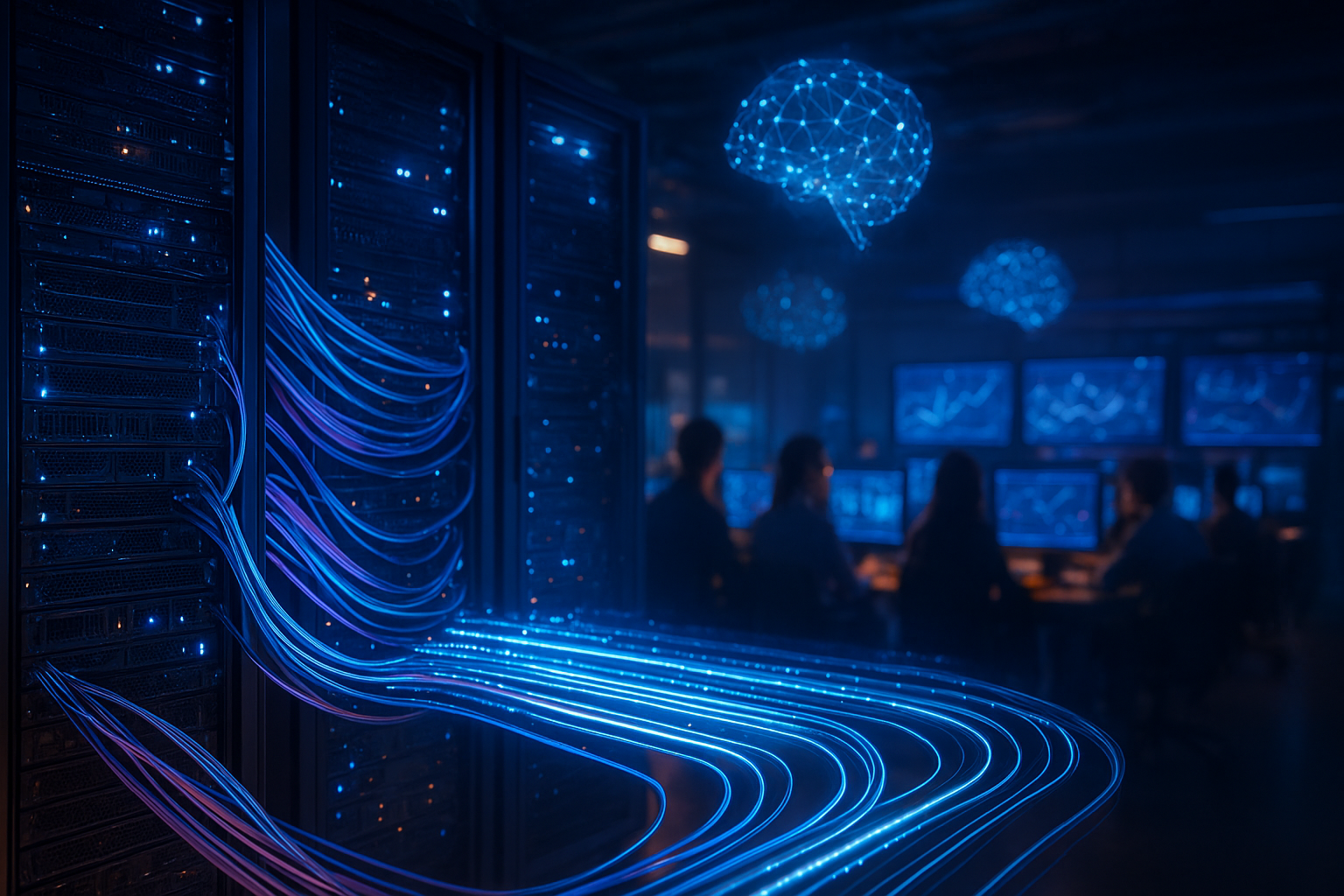AI infrastructure tools represented by servers, data pipelines, monitoring dashboards, and glowing neural network connections