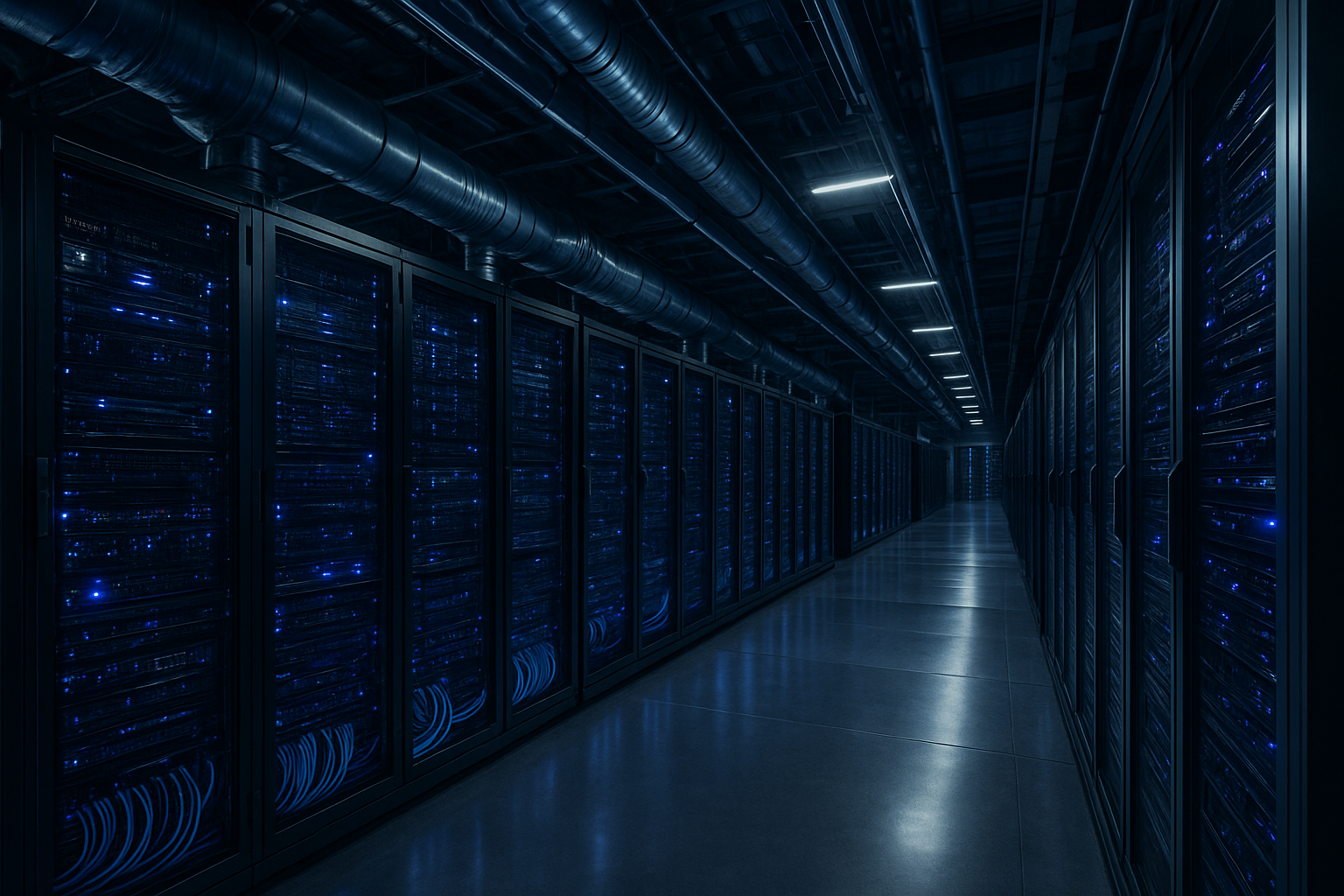 Modern AI infrastructure facility with advanced servers, networking equipment, and glowing data pathways