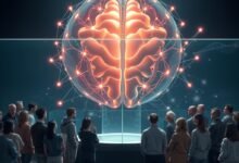 AI public trust represented by a person looking cautiously at an abstract artificial intelligence interface