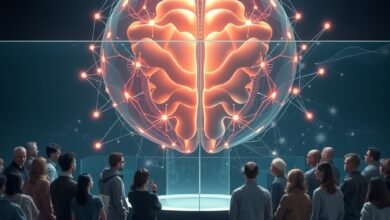 AI public trust represented by a person looking cautiously at an abstract artificial intelligence interface
