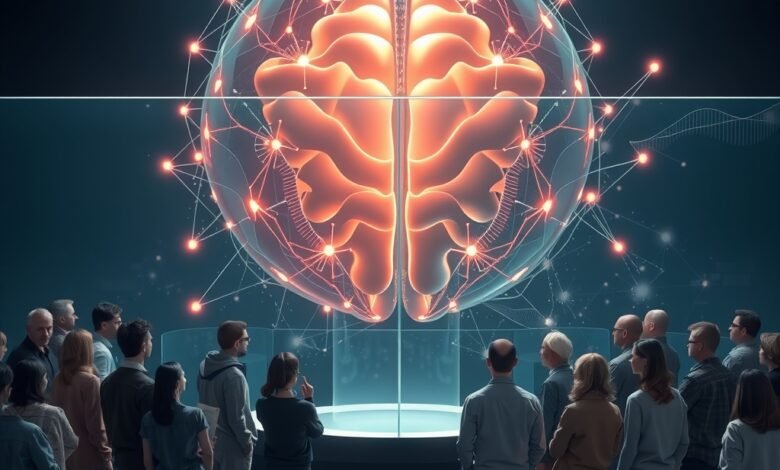 AI public trust represented by a person looking cautiously at an abstract artificial intelligence interface
