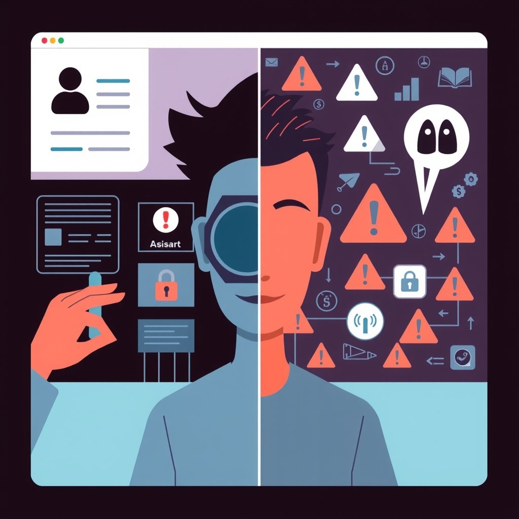 AI public trust - A split-screen editorial illustration showing a person using an AI assistant on one side and questioni