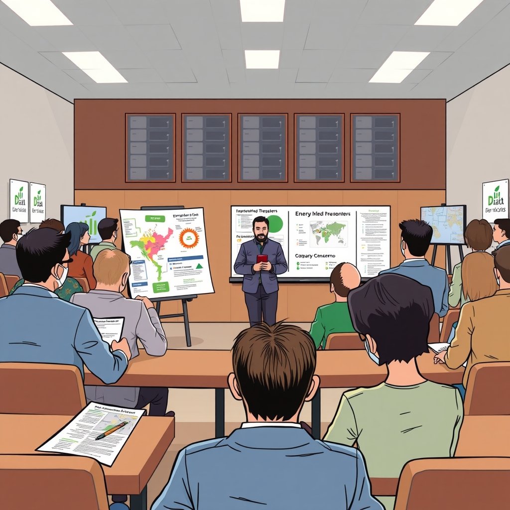 AI public trust - A town-hall meeting about an AI data center, with residents examining maps, energy-use charts, employm