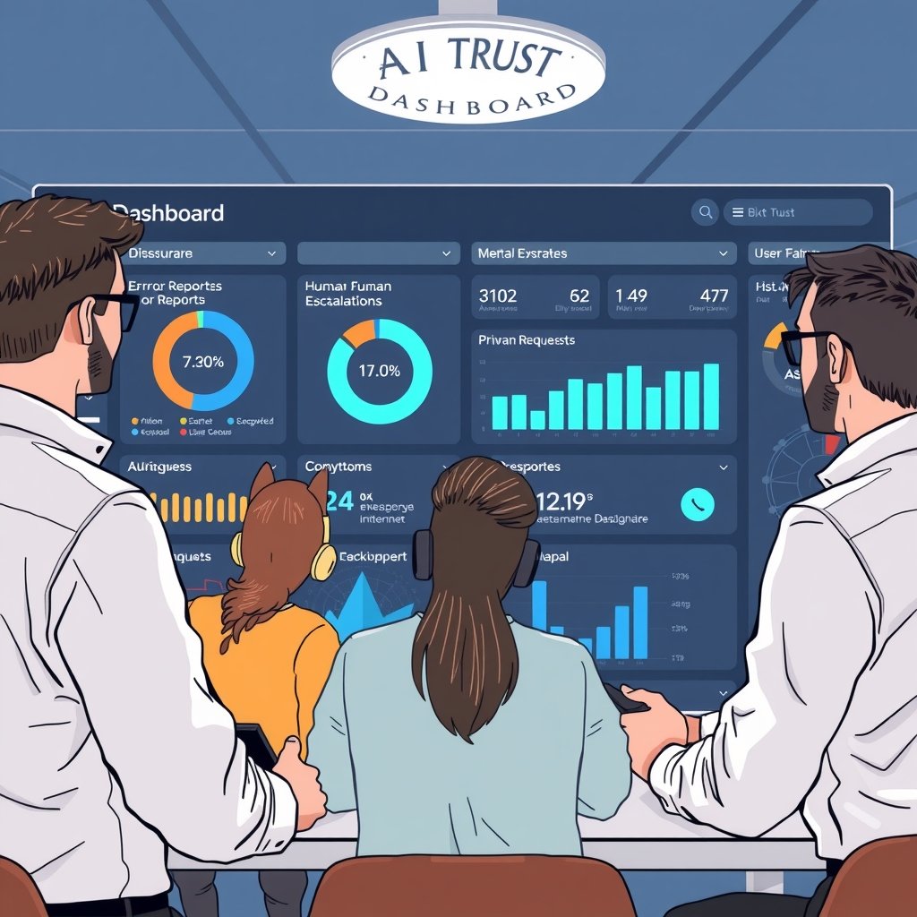 AI public trust - A product team reviewing an AI trust dashboard showing disclosure rates, error reports, human escalati