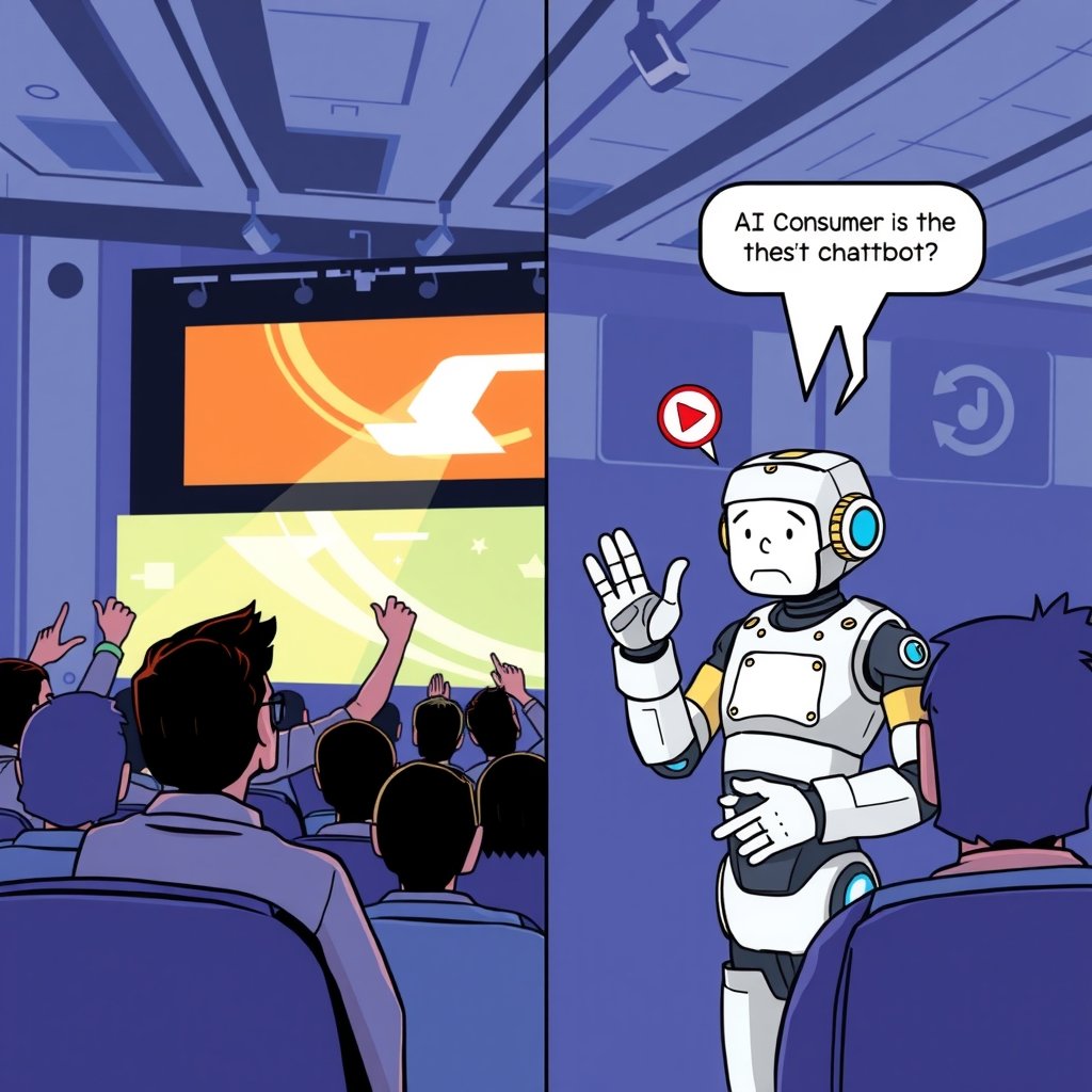 AI public trust - A split-screen illustration showing a tech conference audience cheering on one side, and a frustrated