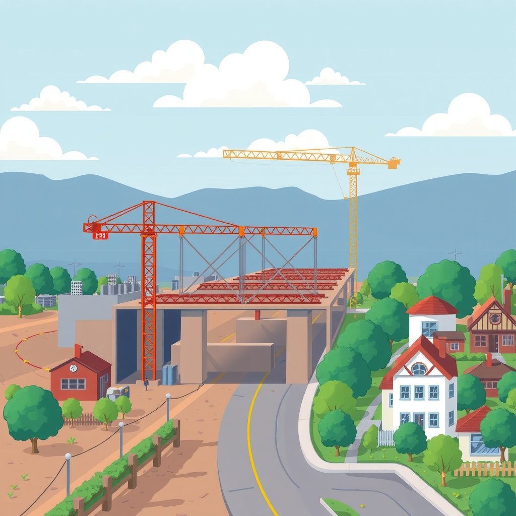 AI public trust - A conceptual illustration of a bridge under construction between a server farm (data center) and a nei