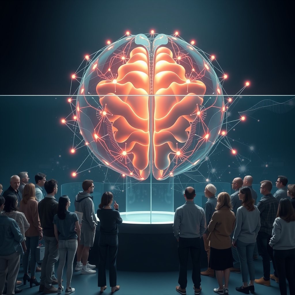 AI public trust represented by a person looking cautiously at an abstract artificial intelligence interface