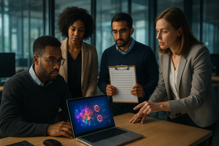 Professional reviewing an AI safety risk dashboard in a modern technology workspace