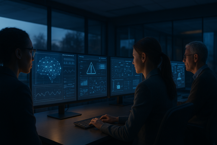 Futuristic AI safety control room with analysts monitoring abstract machine learning systems