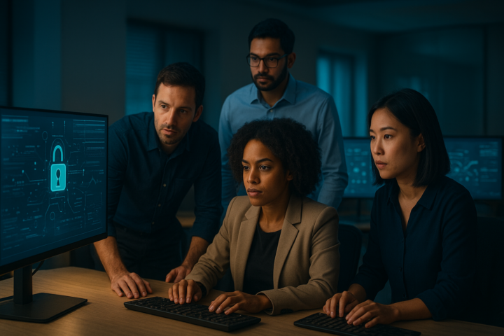 Professional team reviewing AI safety controls and risk diagrams on large monitors in a modern office