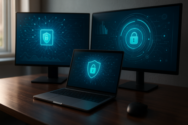 Photorealistic workspace showing abstract AI safety monitoring concepts on multiple screens