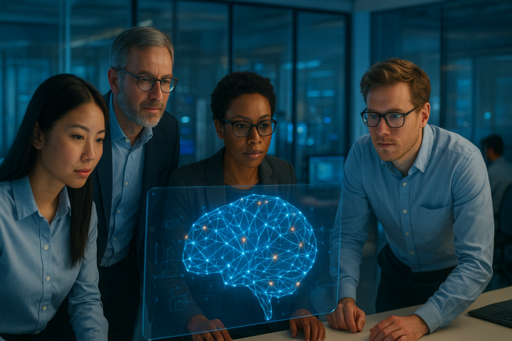 AI safety researchers reviewing a transparent artificial intelligence system in a modern laboratory