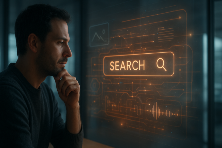 Futuristic AI search interface represented by a glowing digital landscape with connected data pathways and a human researcher viewing results