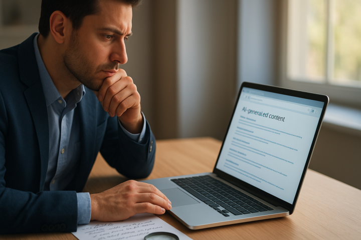 Person carefully reviewing AI search results on a laptop beside handwritten notes