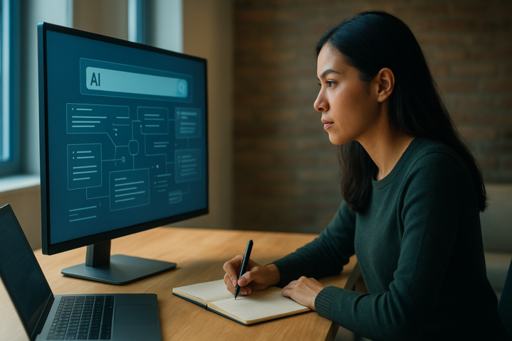 Marketer analyzing AI search results and content strategy on a large monitor in a modern workspace