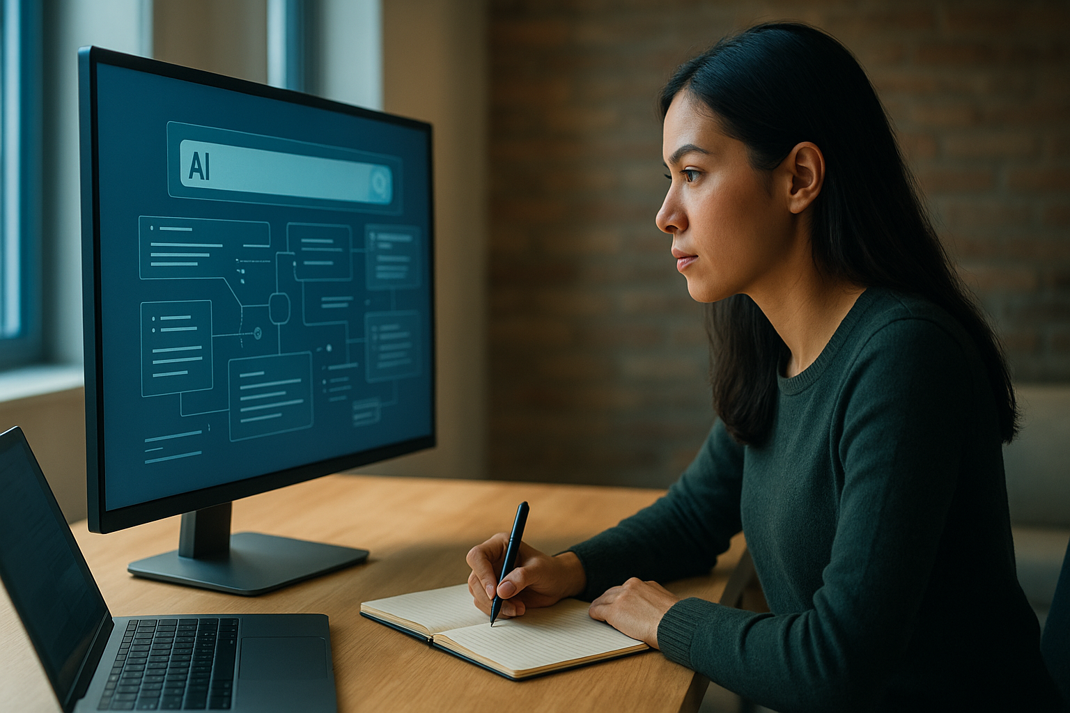 Marketer analyzing AI search results and content strategy on a large monitor in a modern workspace