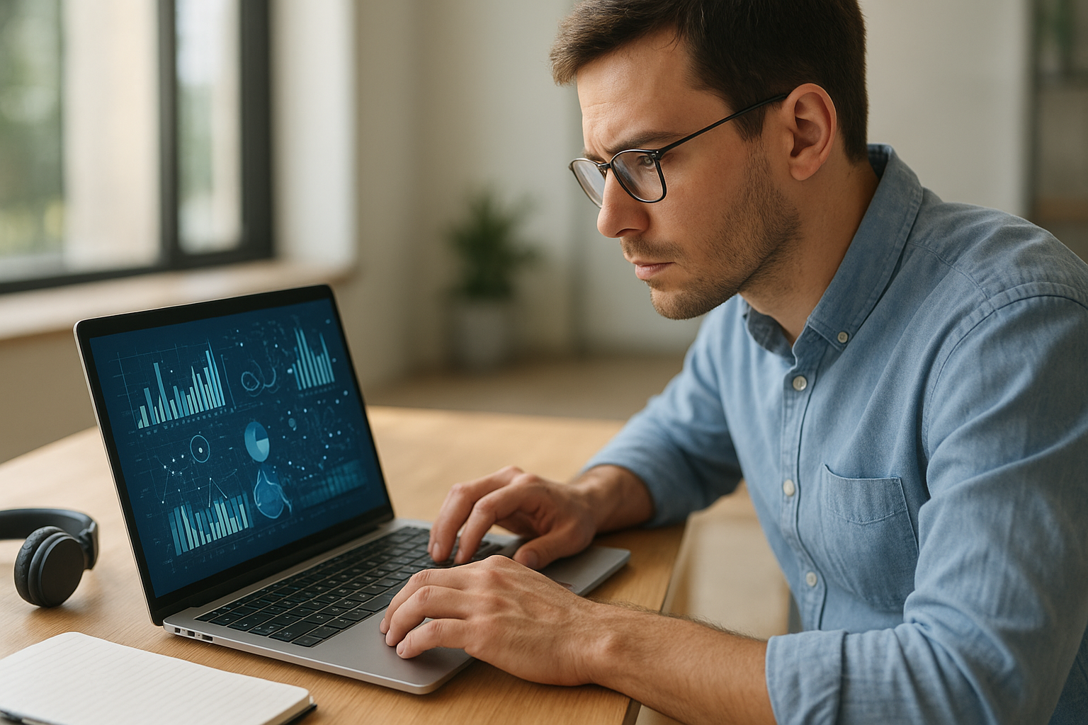 Researcher comparing AI search tools on a laptop in a bright modern workspace