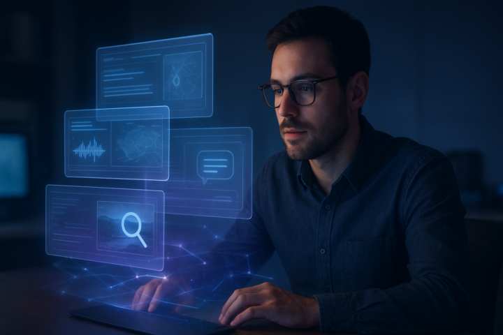 Futuristic AI search interface visualized through interconnected glowing data pathways