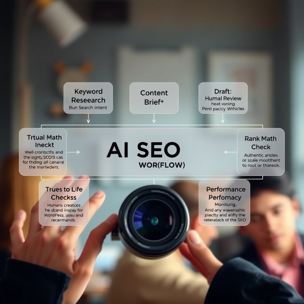 AI SEO workflow - A clear diagram showing an AI SEO workflow moving from keyword research and search intent to content b