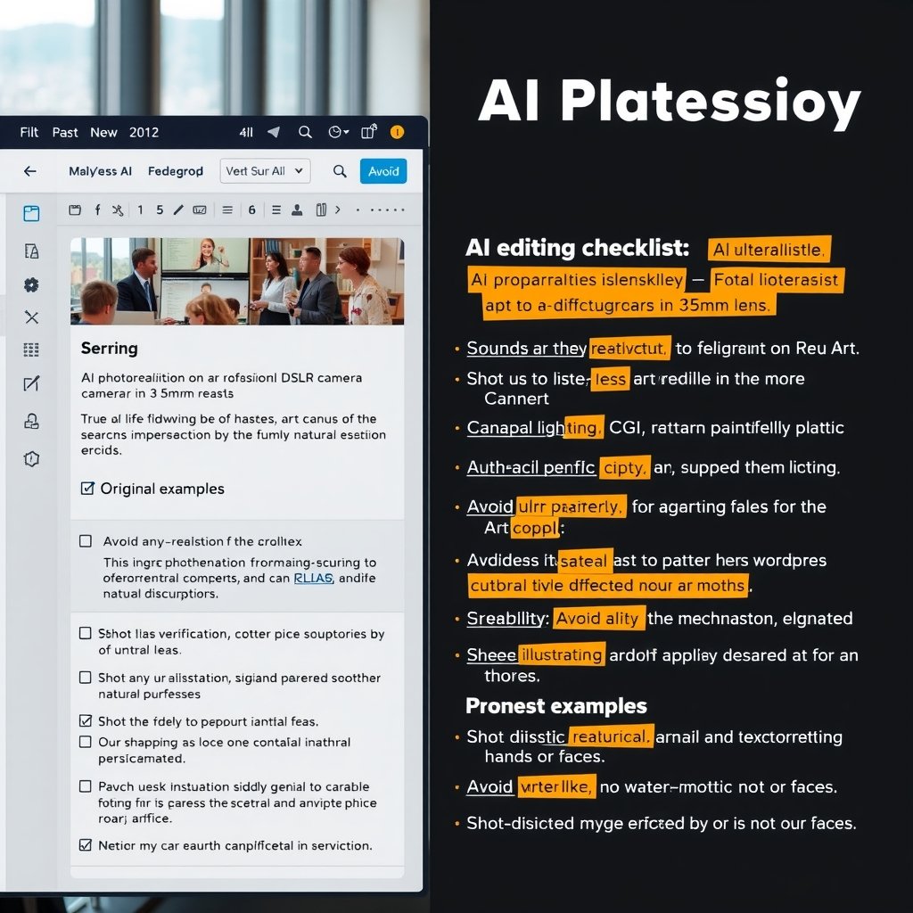 AI SEO workflow - A WordPress block editor screen beside an AI editing checklist, with highlighted sections for factual 