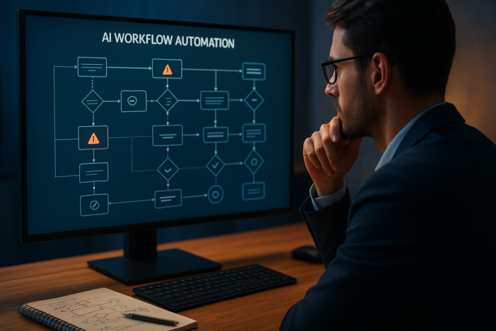 Professional reviewing an AI workflow automation diagram on a large monitor