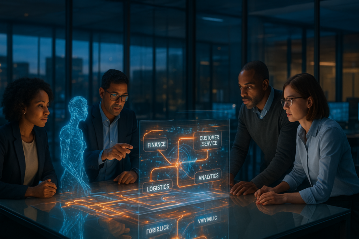 Futuristic office dashboard showing interconnected AI workflow automation across business processes