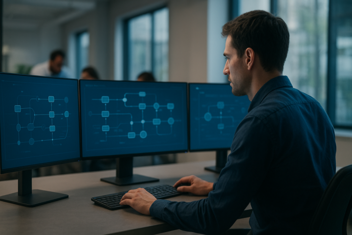 Professional reviewing an AI workflow automation process on multiple monitors