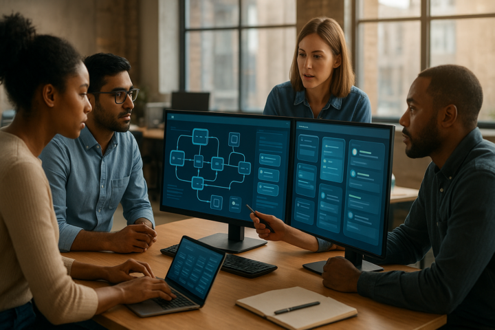 Professional team reviewing interconnected AI workflow automation processes on large monitors in a bright modern office