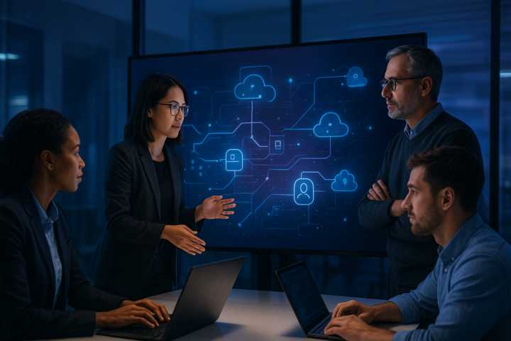 Professional team reviewing interconnected AI workflow automation processes on a large monitor in a modern office