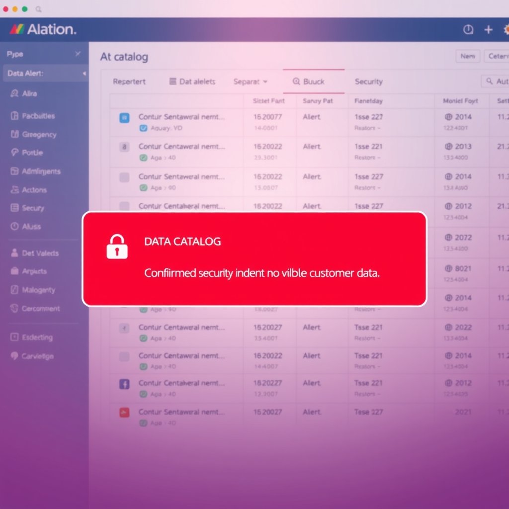 Alation cyberattack - Editorial illustration of Alation’s data catalog interface behind a red cybersecurity alert, with 