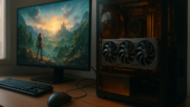 AMD Radeon RX 9070 XT review graphics card displayed on a PC hardware test bench