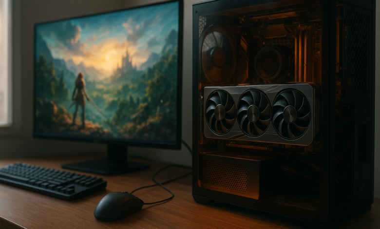 AMD Radeon RX 9070 XT review graphics card displayed on a PC hardware test bench