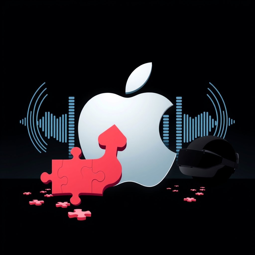 Apple Siri Vision Pro cuts - A conceptual image showing an Apple logo transitioning into puzzle pieces, with Siri wavefo