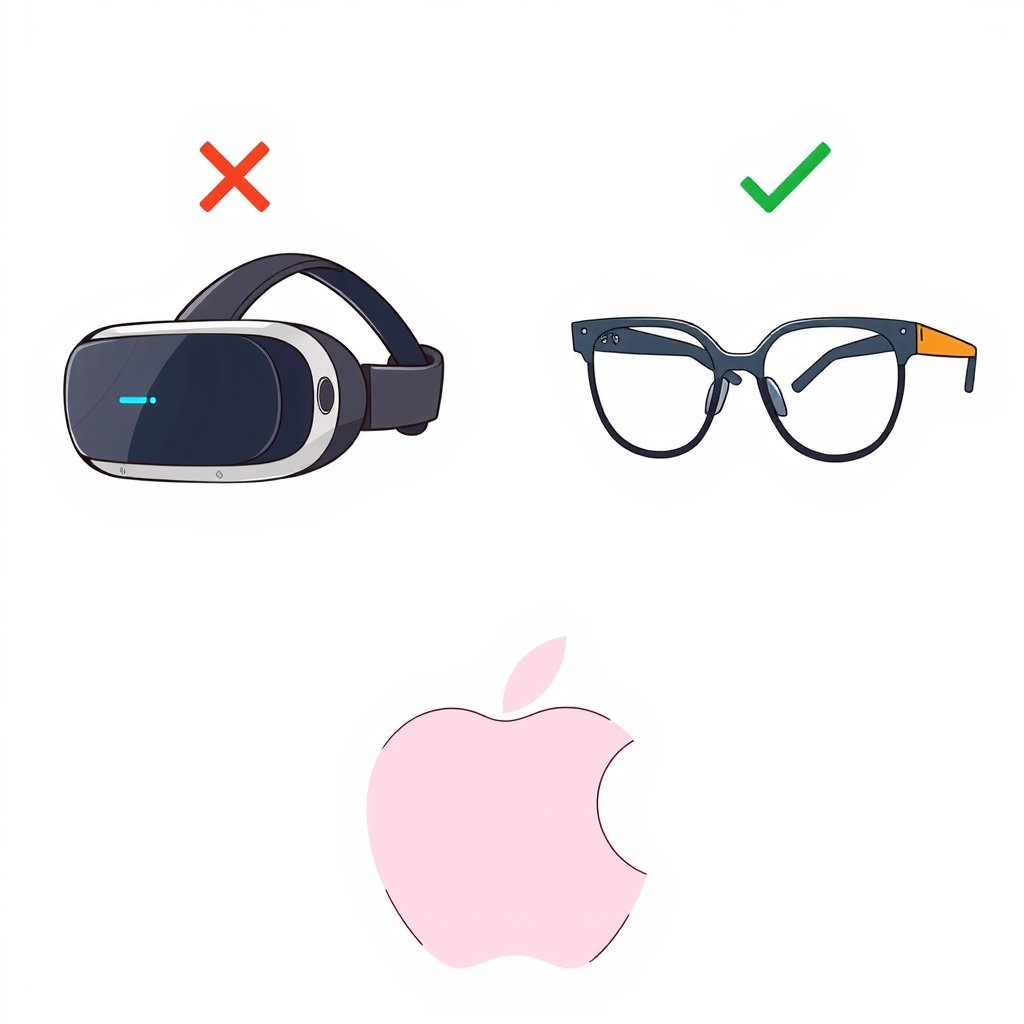 Apple Siri Vision Pro cuts - A split screen illustration showing a heavy VR headset on the left with an X mark, and a sl